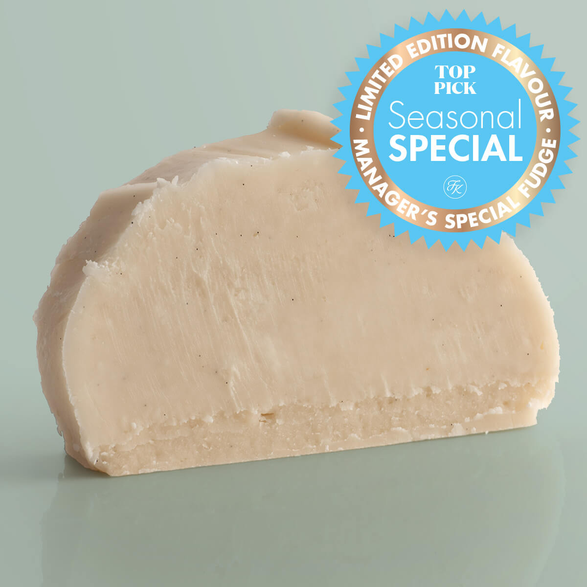 Icy Coconut Vegan Fudge single slice, a Fudge Kitchen indulgent, handmade vegan Fudge flavour, ideal for gifting or enjoying as a plant-based treat with a "Seasonal Special" badge.