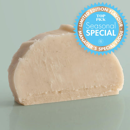 Icy Coconut Vegan Fudge single slice, a Fudge Kitchen indulgent, handmade vegan Fudge flavour, ideal for gifting or enjoying as a plant-based treat with a "Seasonal Special" badge.