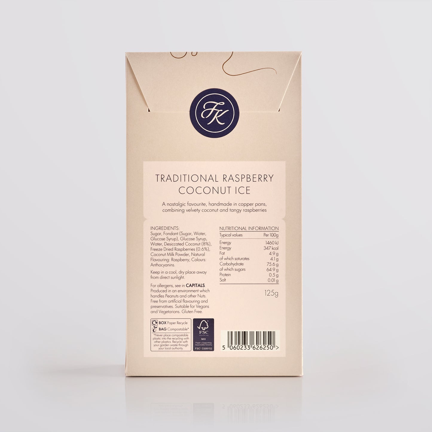 Box of traditional salted caramel fudge with branding and nutritional information on a light gray background
