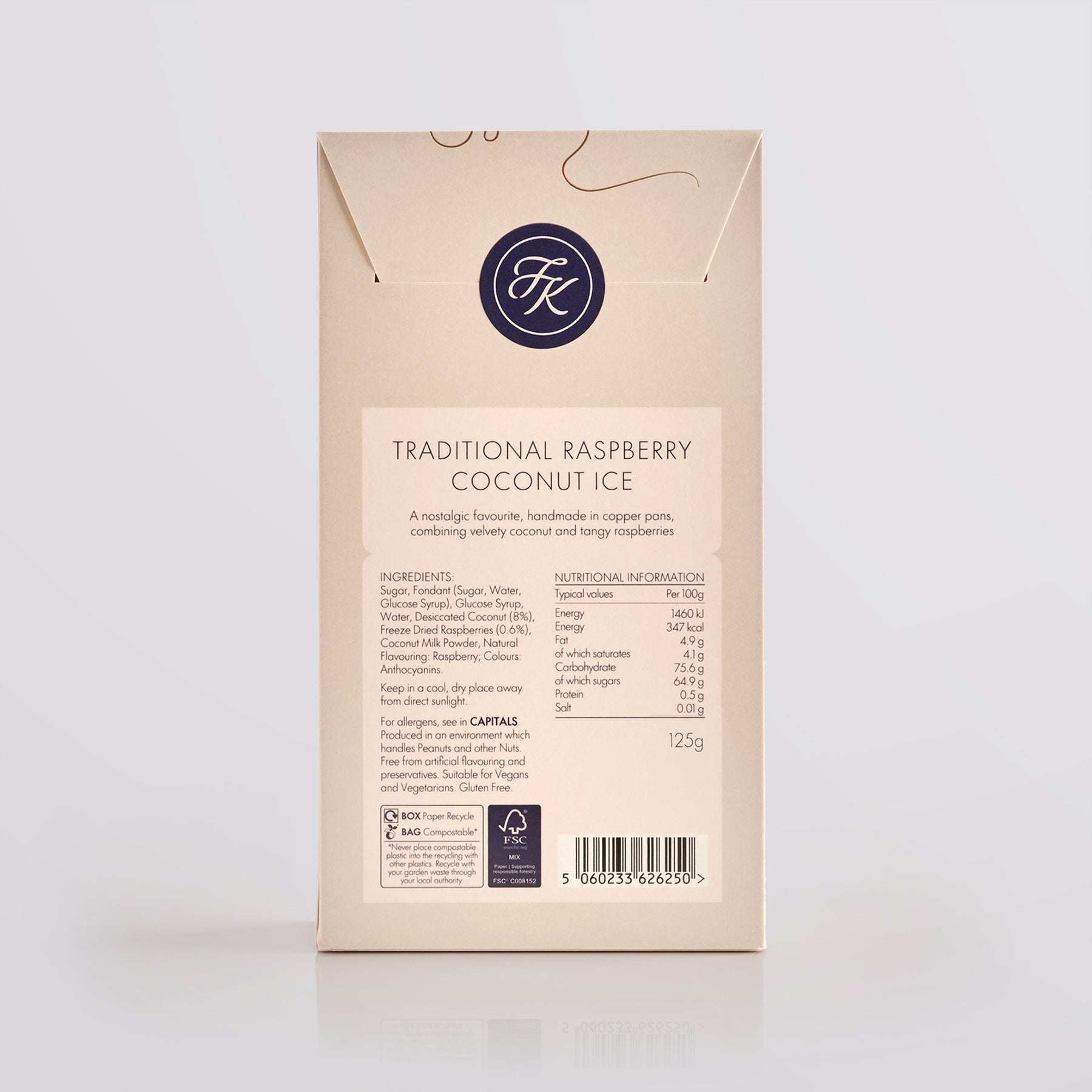 Box of traditional salted caramel fudge with branding and nutritional information on a light gray background