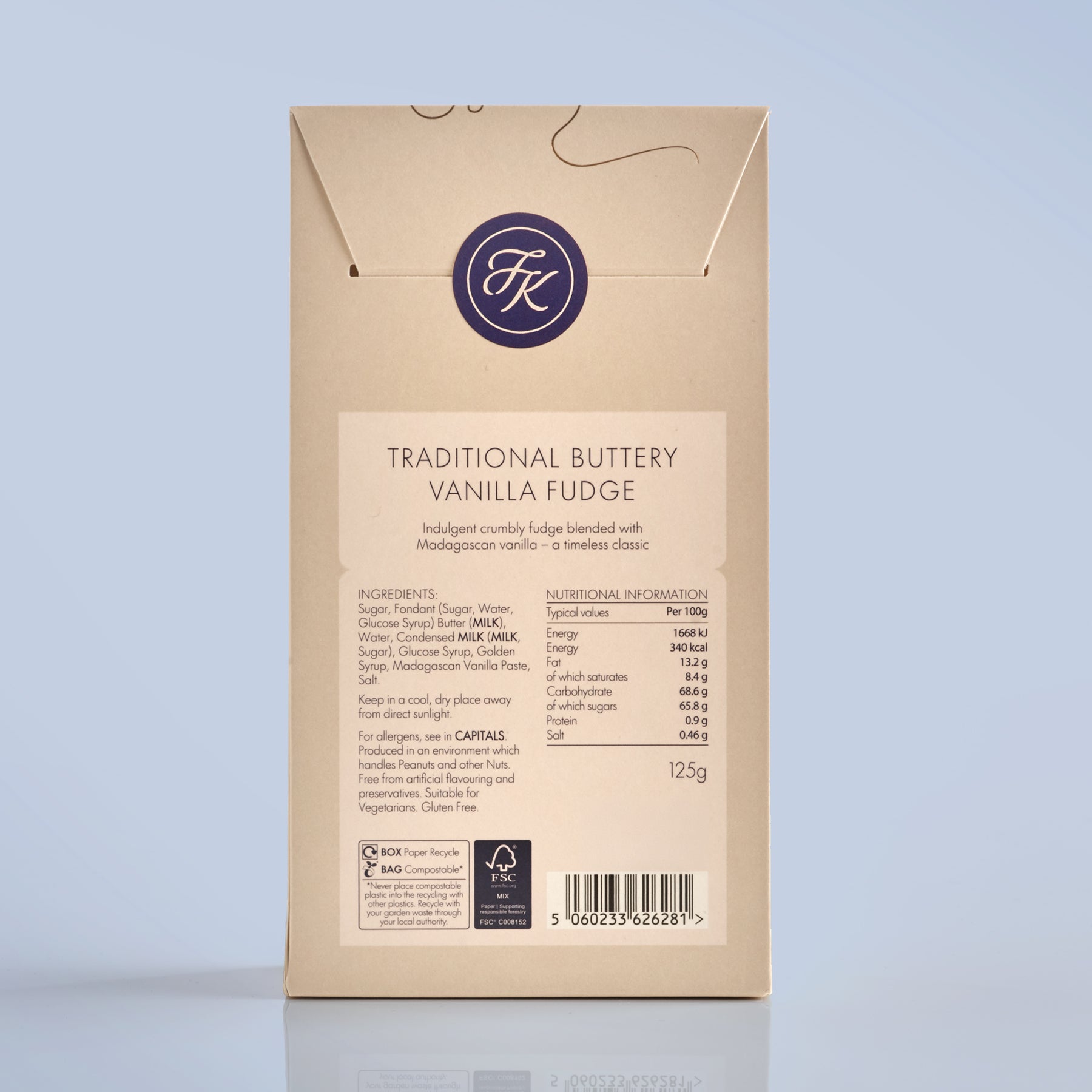 Package of traditional buttery vanilla fudge with brand logo and nutritional information on a light blue background