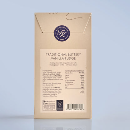 Package of traditional buttery vanilla fudge with brand logo and nutritional information on a light blue background