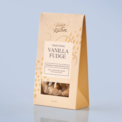 Packaged vanilla fudge with 'Fudge Kitchen' branding on a light blue background