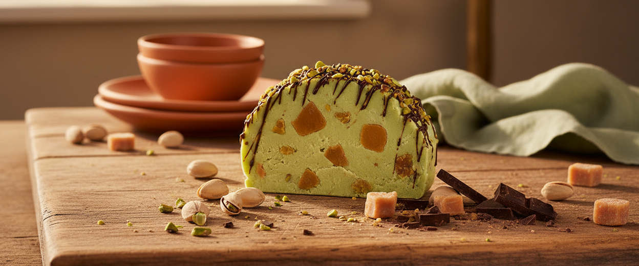 A slice of green pistachio fudge on a rustic wooden table, topped with chocolate drizzle and chopped pistachios, with caramel pieces and shavings scattered around.