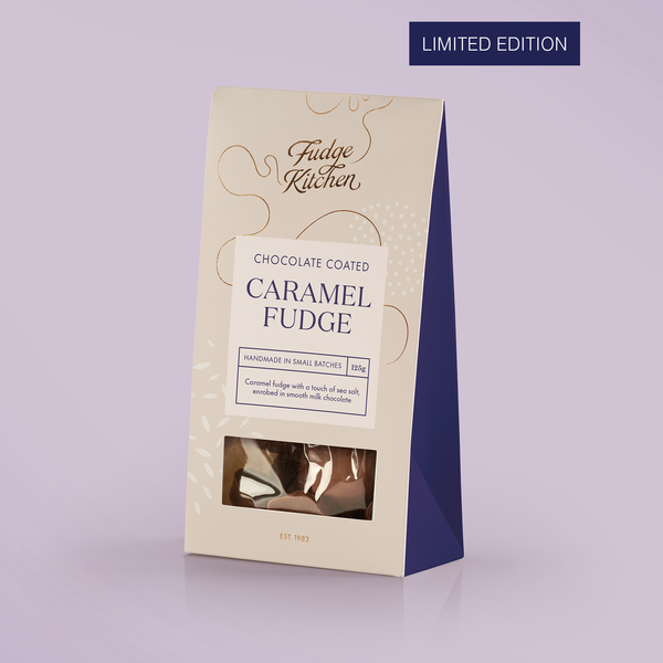 Fudge Kitchen chocolate enrobed saltedcaramel fudge packaging on a light purple background