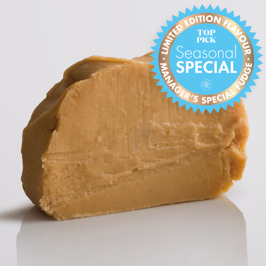 Christmas Gingerbread Fudge, a Fudge Kitchen indulgent, handmade fresh fudge flavour displayed on a grey background with a "limited Edition" icon.