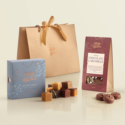 Fudge Kitchen chocolate caramels with packaging on a light background