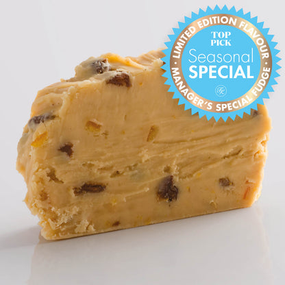 Hot Cross Bun Fudge single slice, a Fudge Kitchen indulgent, handmade fresh fudge flavour with a "limited edition" emblem.