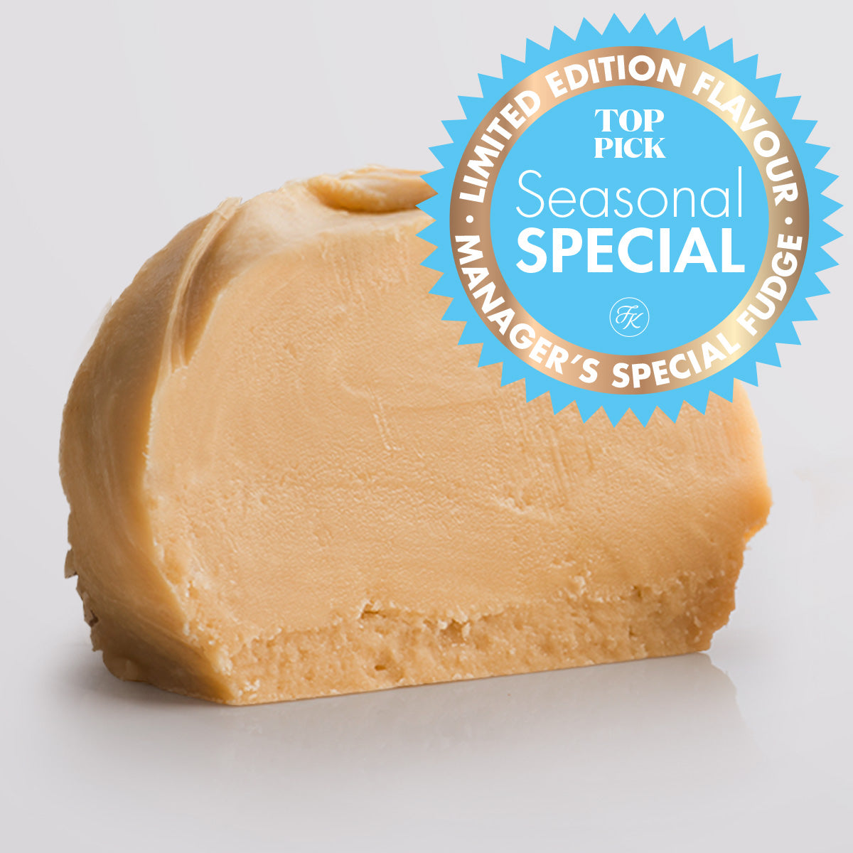 Irish Cream Fudge single slice, a Fudge Kitchen indulgent, handmade fresh fudge flavour displayed on a grey background with a "limited edition" icon.