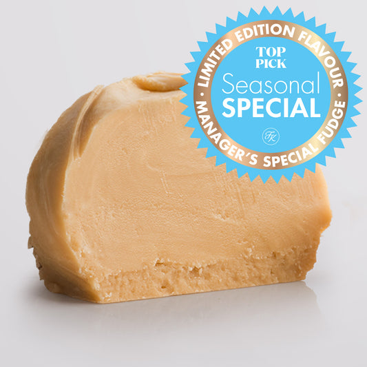 Irish Cream Fudge single slice, a Fudge Kitchen indulgent, handmade fresh fudge flavour displayed on a grey background with a "limited edition" icon.