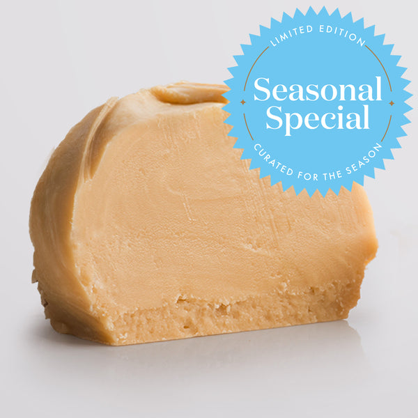 Irish Cream Fudge single slice, a Fudge Kitchen indulgent, handmade fresh fudge flavour displayed on a grey background with a 