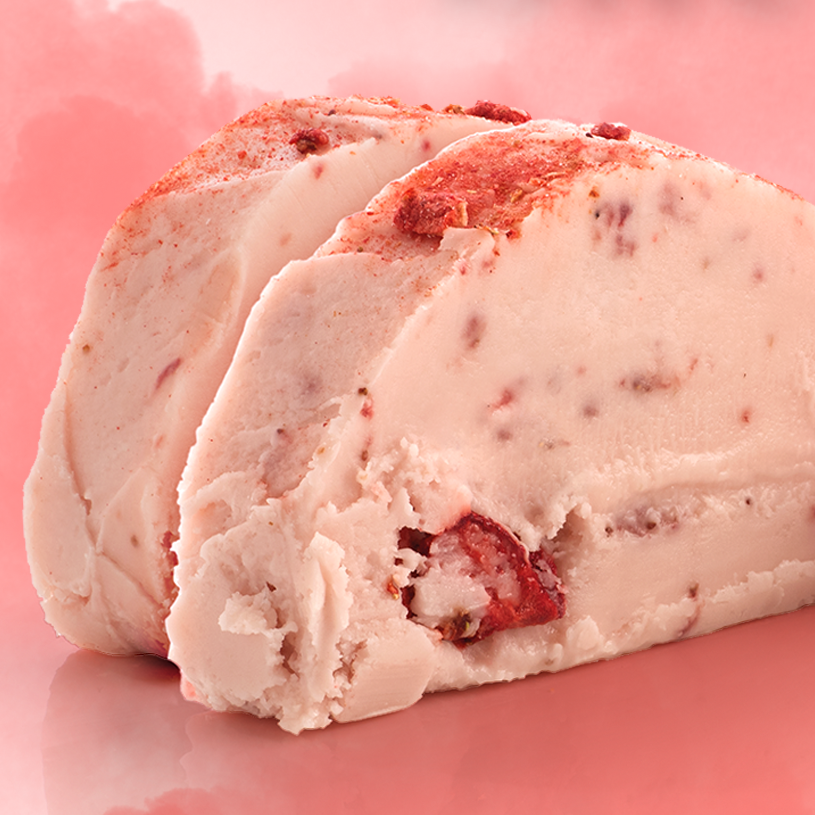 Strawberry Rose Fudge with pink background and 'Love at first bite' text