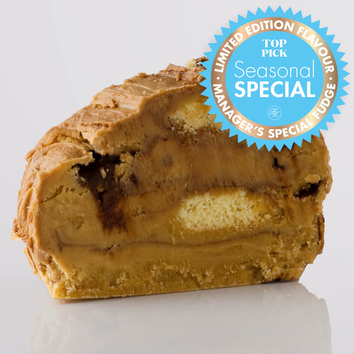 Millionaire Shortbread Fudge single slice, a Fudge Kitchen indulgent, handmade fresh fudge flavour with Seasonal Special Badge.