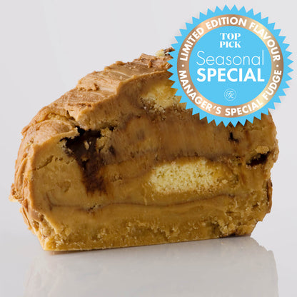 Millionaire Shortbread Fudge single slice, a Fudge Kitchen indulgent, handmade fresh fudge flavour with Seasonal Special Badge.