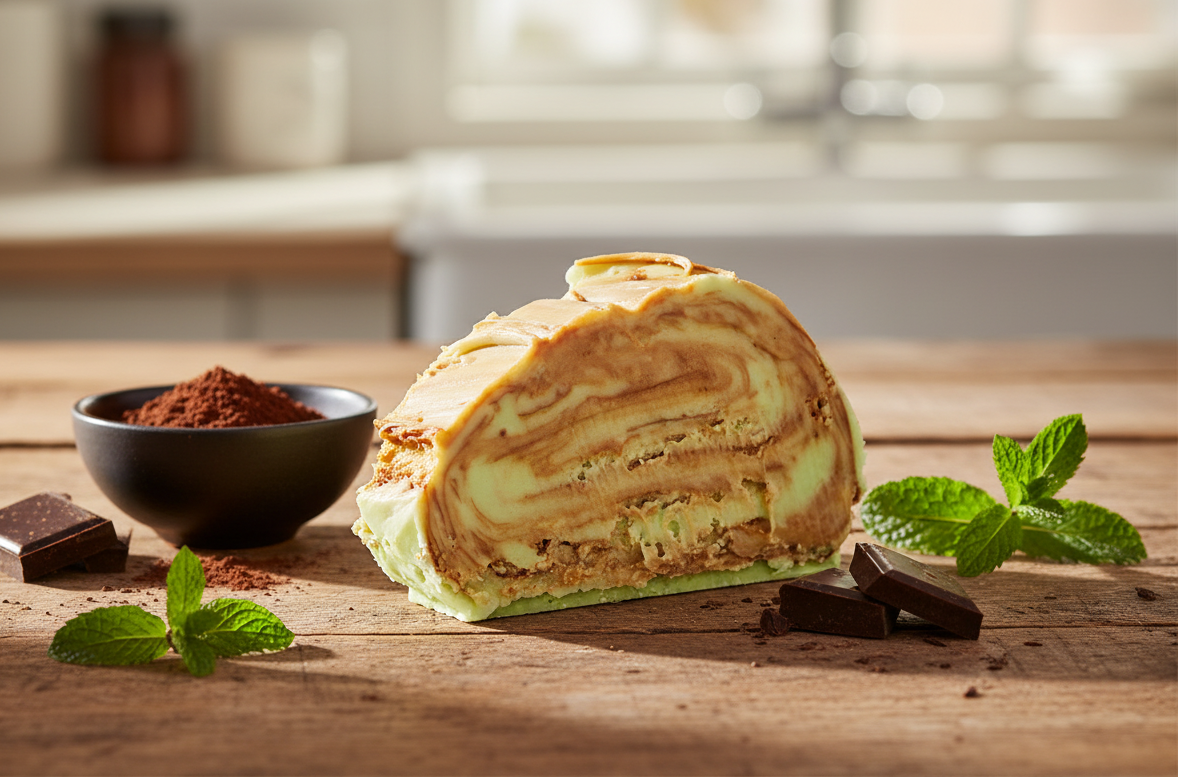 A slice of Mint chcolate swirl fudge sits on a wooden table, styled with mint leaves, dark chocolate pieces, cocoa powder, and a small bowl of cocoa powder in a softly blurred kitchen setting.