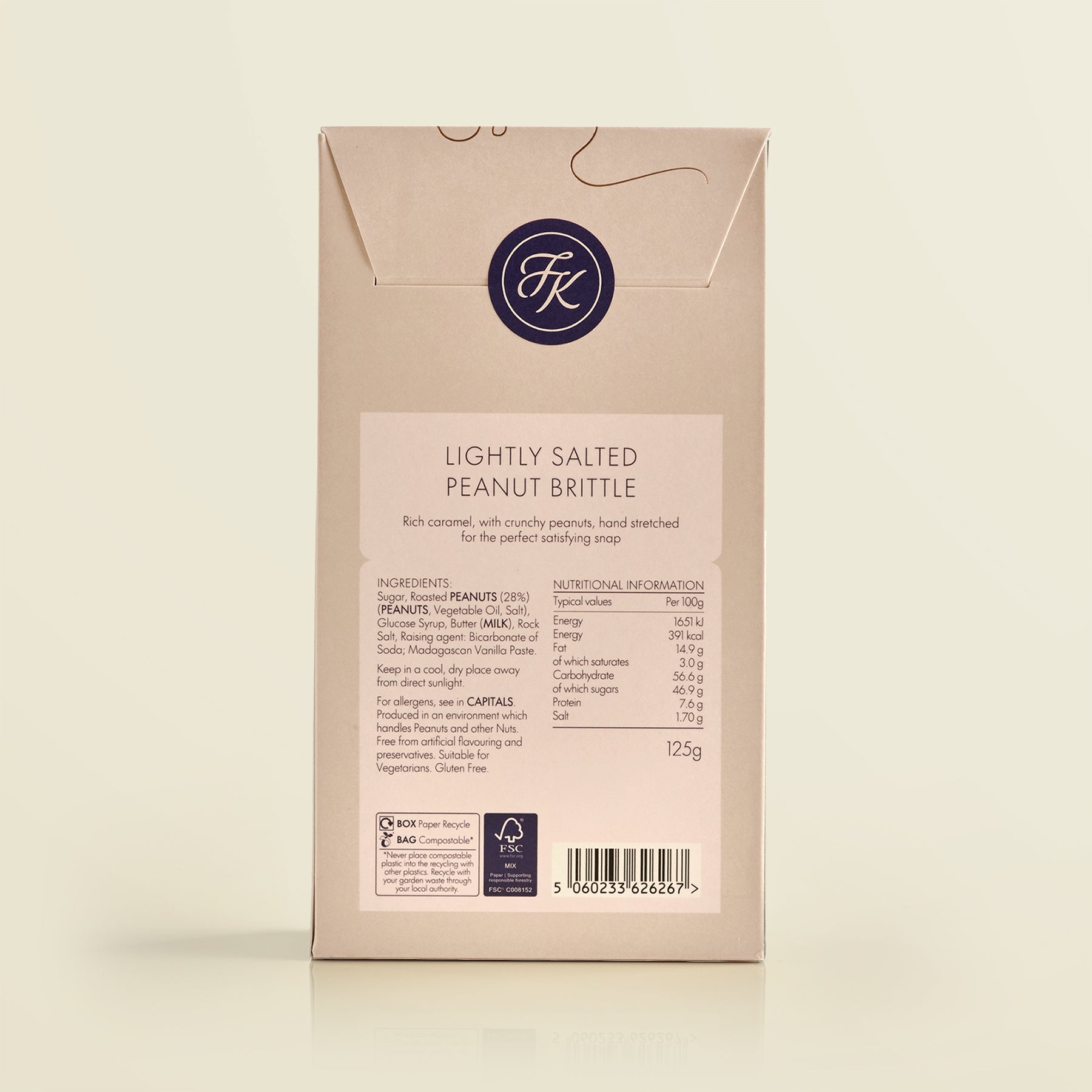 Package of lightly salted peanut brittle with brand logo and nutritional information on a beige background