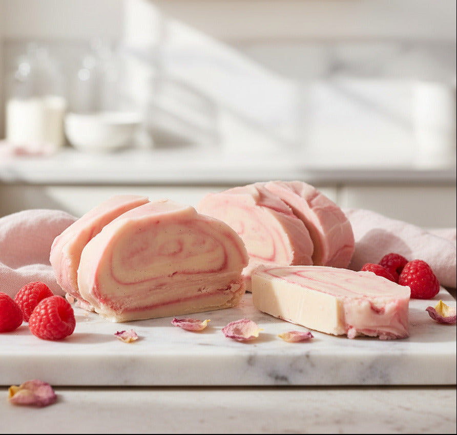 Slices of Raspberry Ripple Fudge placed into a kitchen lifestyle scene.