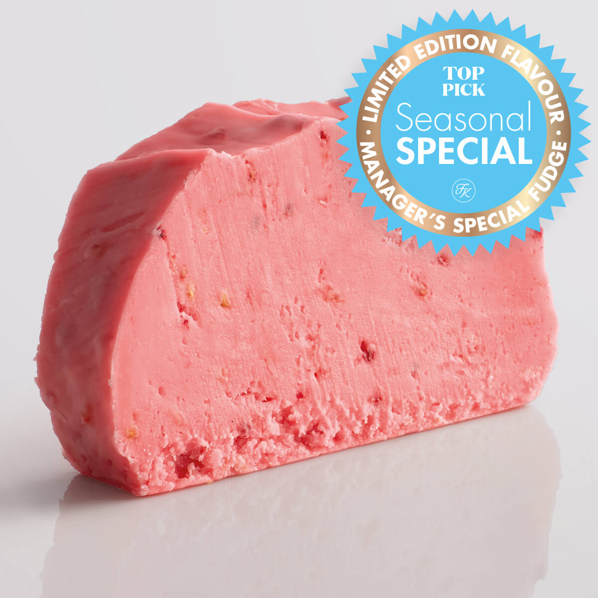 Raspberry Sorbet Fudge single slice, a Fudge Kitchen indulgent, handmade fresh fudge flavour shown with a "limited edition" emblem.