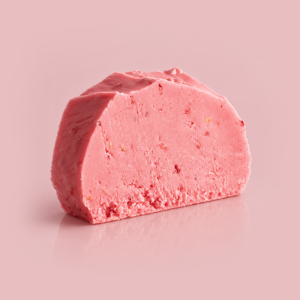 A single slice of Raspberry Sorbet Fudge, shown in a clean studio shot on a solid pink background with a soft reflection below.