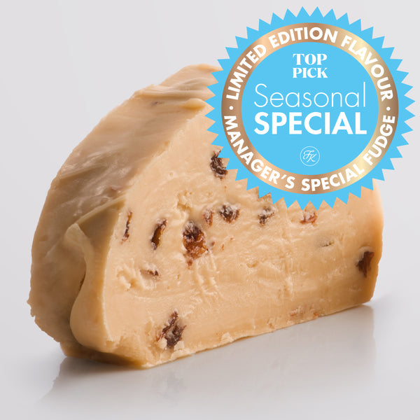 Rum & Raisin Fudge, a Fudge Kitchen indulgent, handmade Fudge flavour, ideal for gifting or enjoying as a treat displayed in a single slice and a 