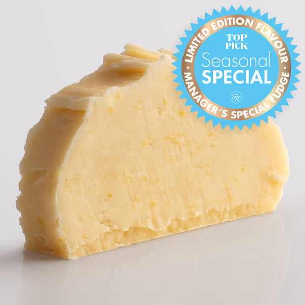 Lemon Sherbet Fudge, a Fudge Kitchen indulgent, handmade fresh fudge flavour with Seasonal Special Badge.
