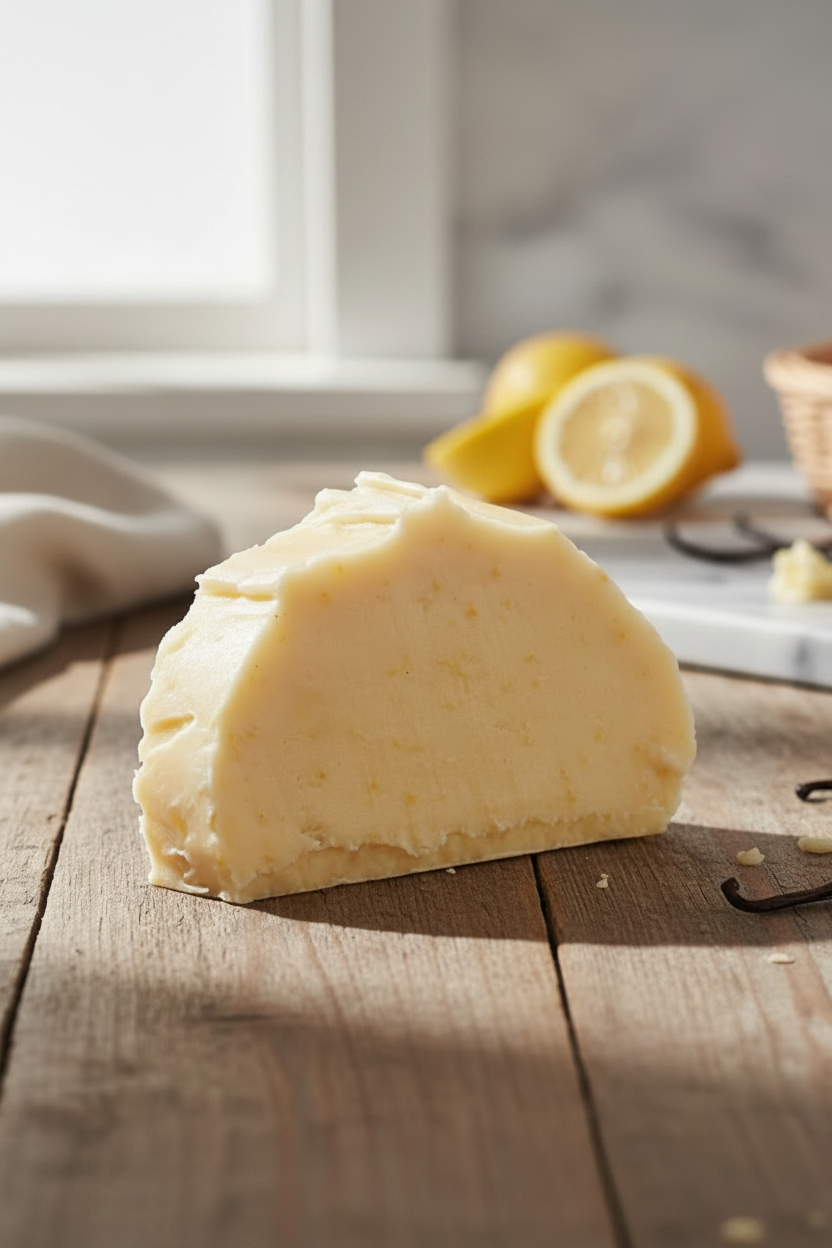 Slice of Lemon Sherbet Fudge on a wooden surface with a blurred kitchen background