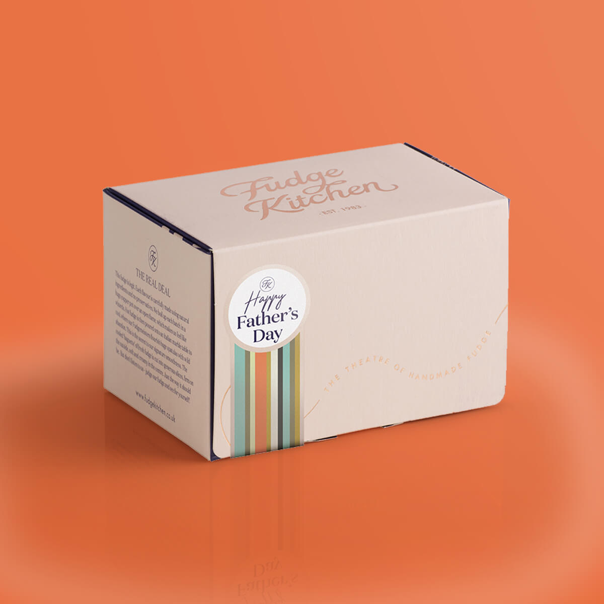 Buff-coloured 3-slice fudge gift made from premium materials with a soft matte finish and subtle foiled accents, adorned with a "Happy Father's Day" seal. This compact yet stylish box ensures your fudge is as much a feast for the eyes as it is for the taste buds.