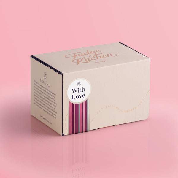 Buff-coloured 3-slice fudge gift made from premium materials with a soft matte finish and subtle foiled accents, adorned with a 