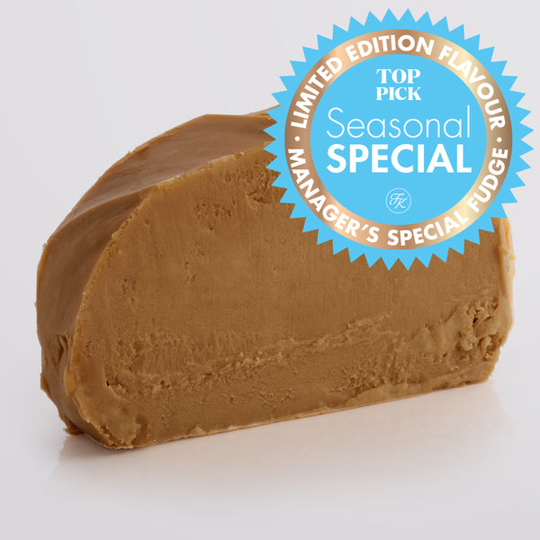 Butterscotch Fudge single slice, a Fudge Kitchen indulgent, handmade Fudge flavour displayed with 'Managers Special' icon.