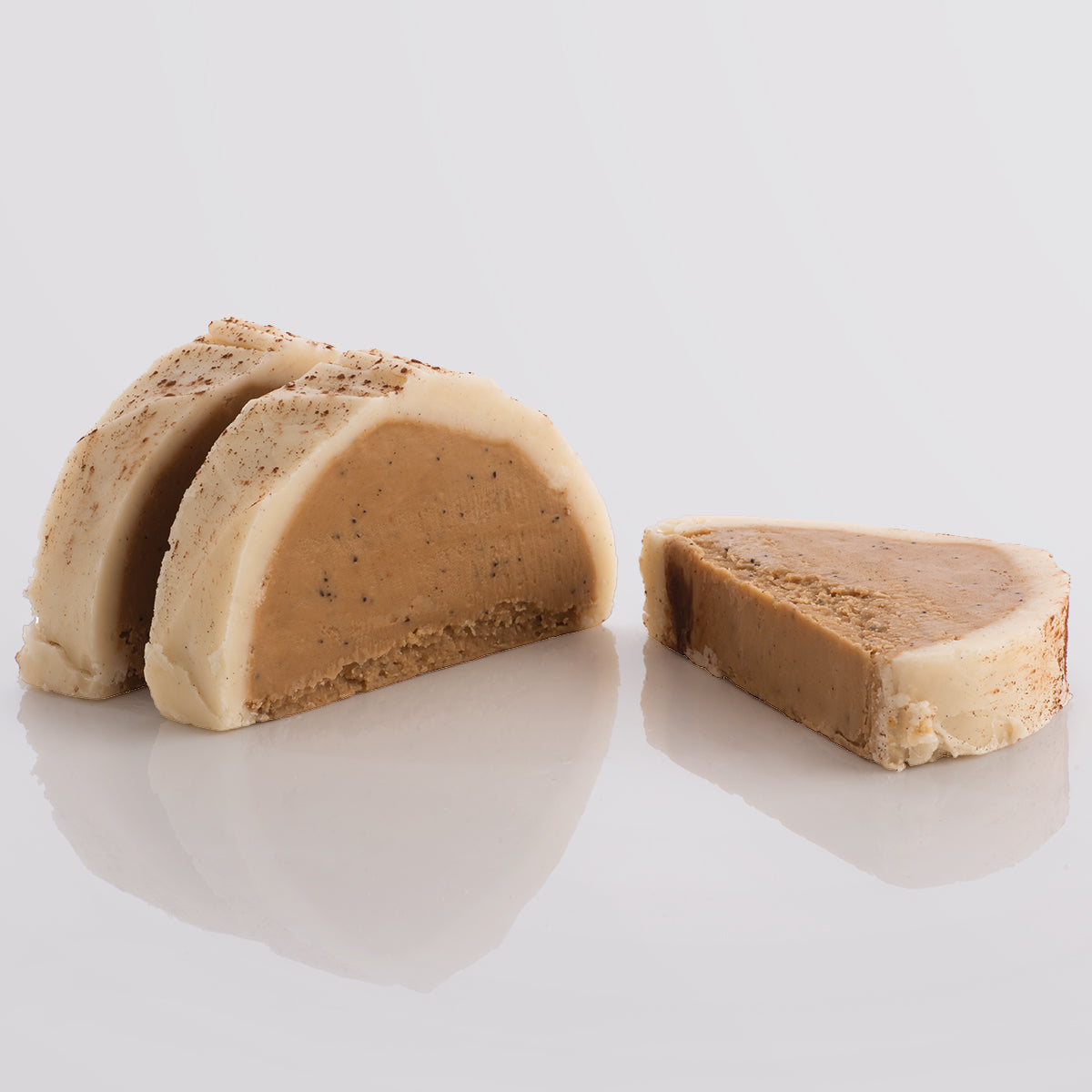 Cappuccino Fudge single slice, a Fudge Kitchen indulgent, handmade fresh fudge flavour showin in 3 slices.