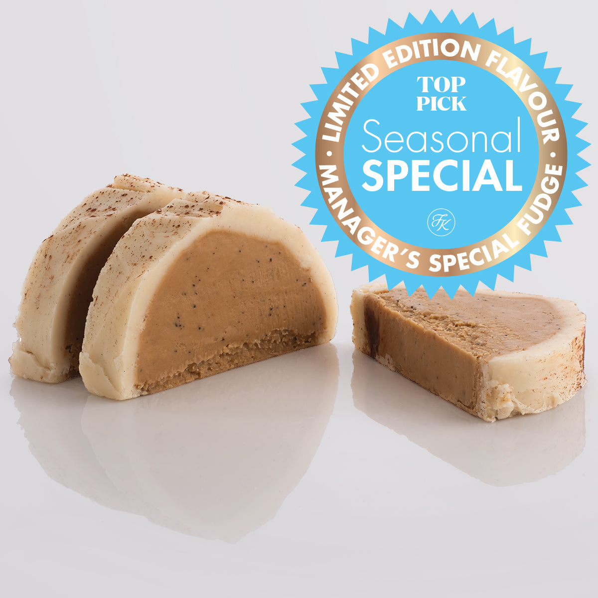 Cappuccino Fudge single slice, a Fudge Kitchen indulgent, handmade fresh fudge flavour showin in 3 slices, displayed with a "Seasonal Special" embelm.