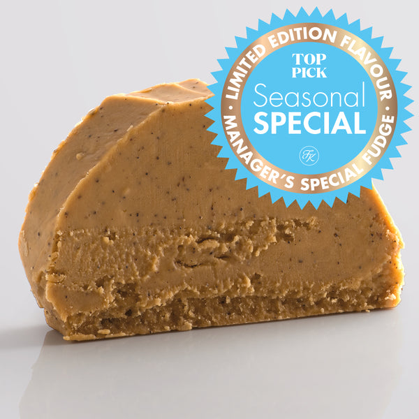 Creamy Coffee Fudge single slice, a Fudge Kitchen indulgent, handmade fresh fudge flavour with a Seasonal Special badge.
