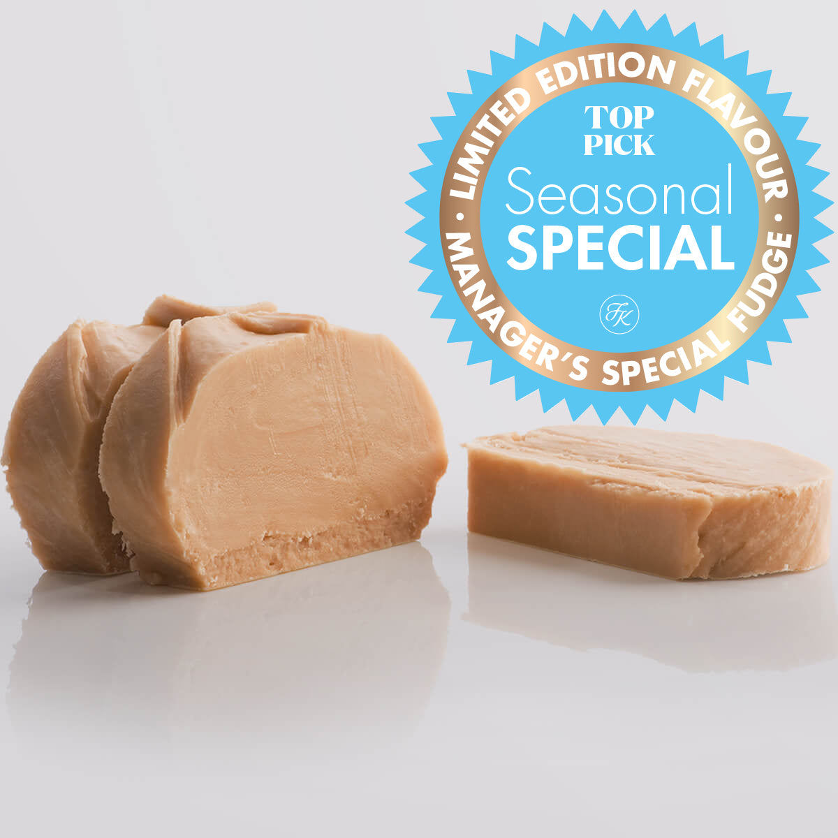 Creamy Coffee Fudge single slice, a Fudge Kitchen indulgent, handmade fresh fudge flavour, displayed in 3 slices with a "limited edition" emblem.