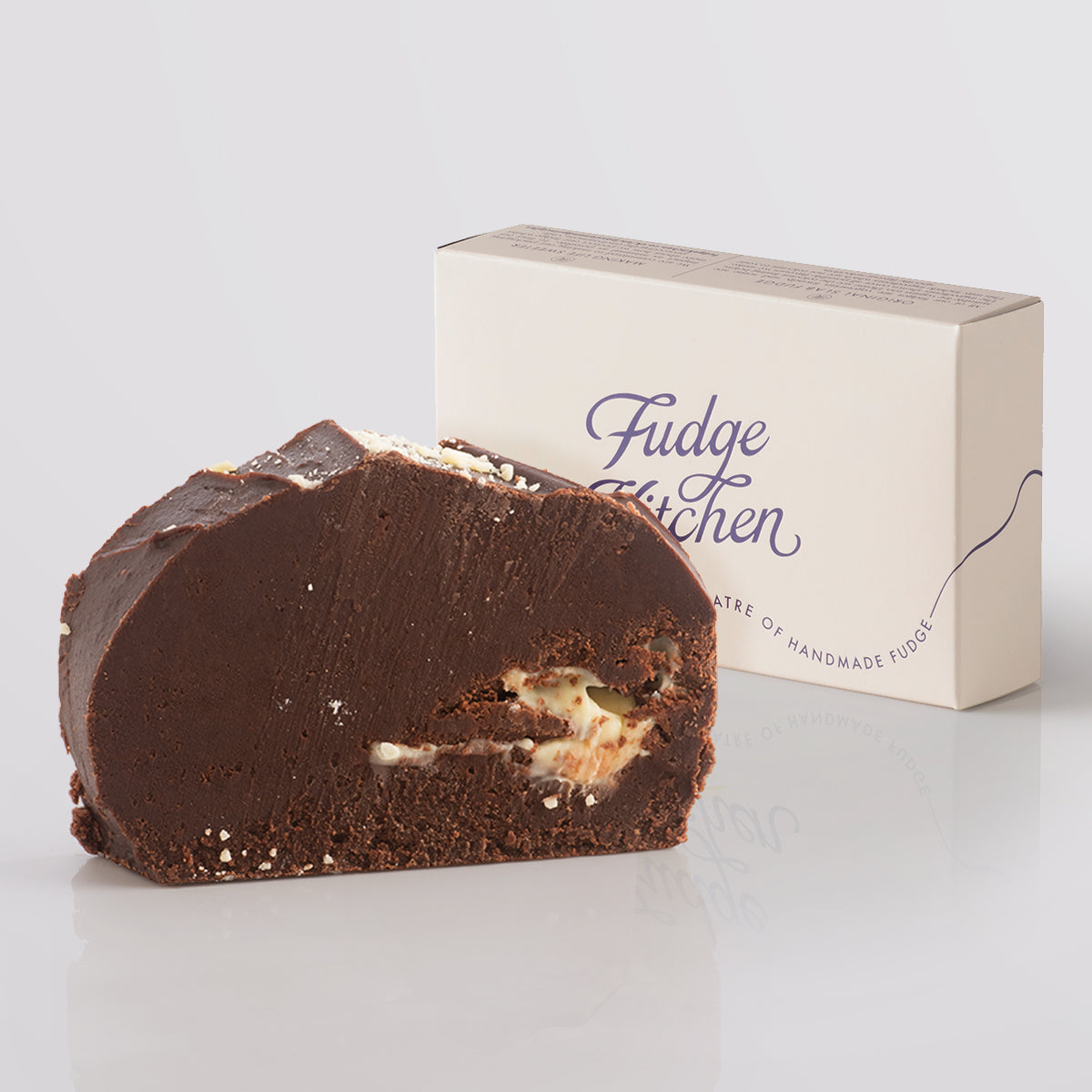 Fudge Kitchen Double Chocolate Fudge slice with white chocolate folded through and branded single-slice gift box – luxury fudge gift.