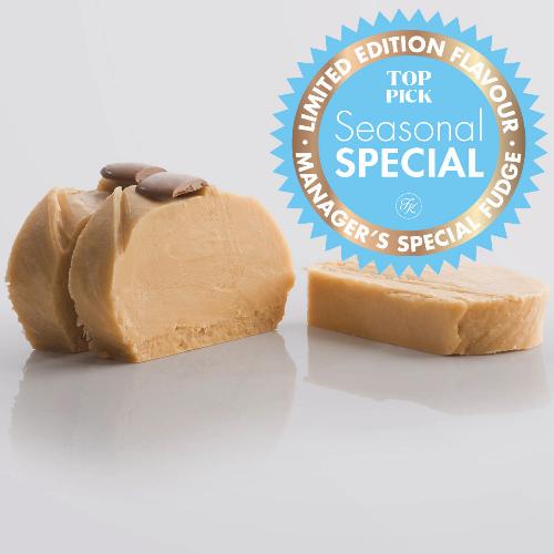 3 slices of Irish Cream Fudge, a Fudge Kitchen indulgent, handmade fresh fudge flavour, displayed on a grey background with a "limited edition" icon.