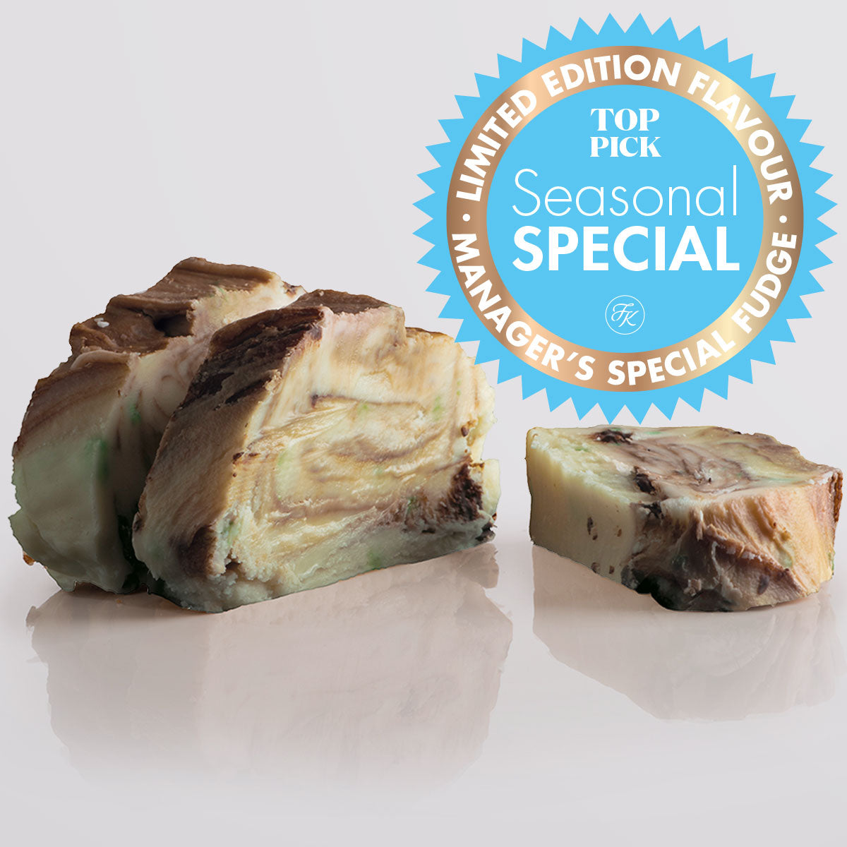 Mint Chocolate Swirl Fudge single slice, a Fudge Kitchen indulgent, handmade fresh fudge flavour.