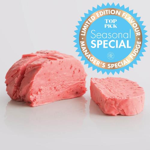 Raspberry Sorbet Fudge single slice, a Fudge Kitchen indulgent, handmade fresh fudge flavour displayed in 3 single slices with a "limited edition" emblem.