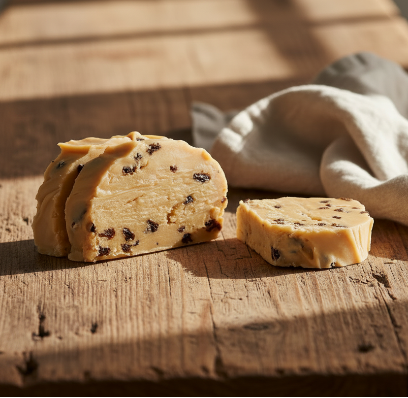 Rum and raisin fudge slices on a rustic table with natural light from a window hitting the fresh fudge.