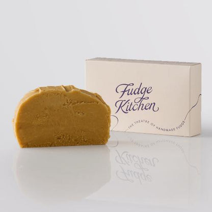 Sea Salted Caramel Fudge, a Fudge Kitchen indulgent, handmade fudge flavour displayed with an elegant gift box.