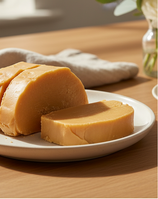 Slices of Salted Caramel fudge on a plate with sunlight appearing from behind and white flowers peaking into the left of the frame - out of focuss.