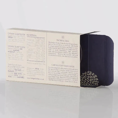 Fudge Kitchen elegant gift box displaying front view for the indulgent, handmade fudge flavour Sea Salted Caramel Fudge