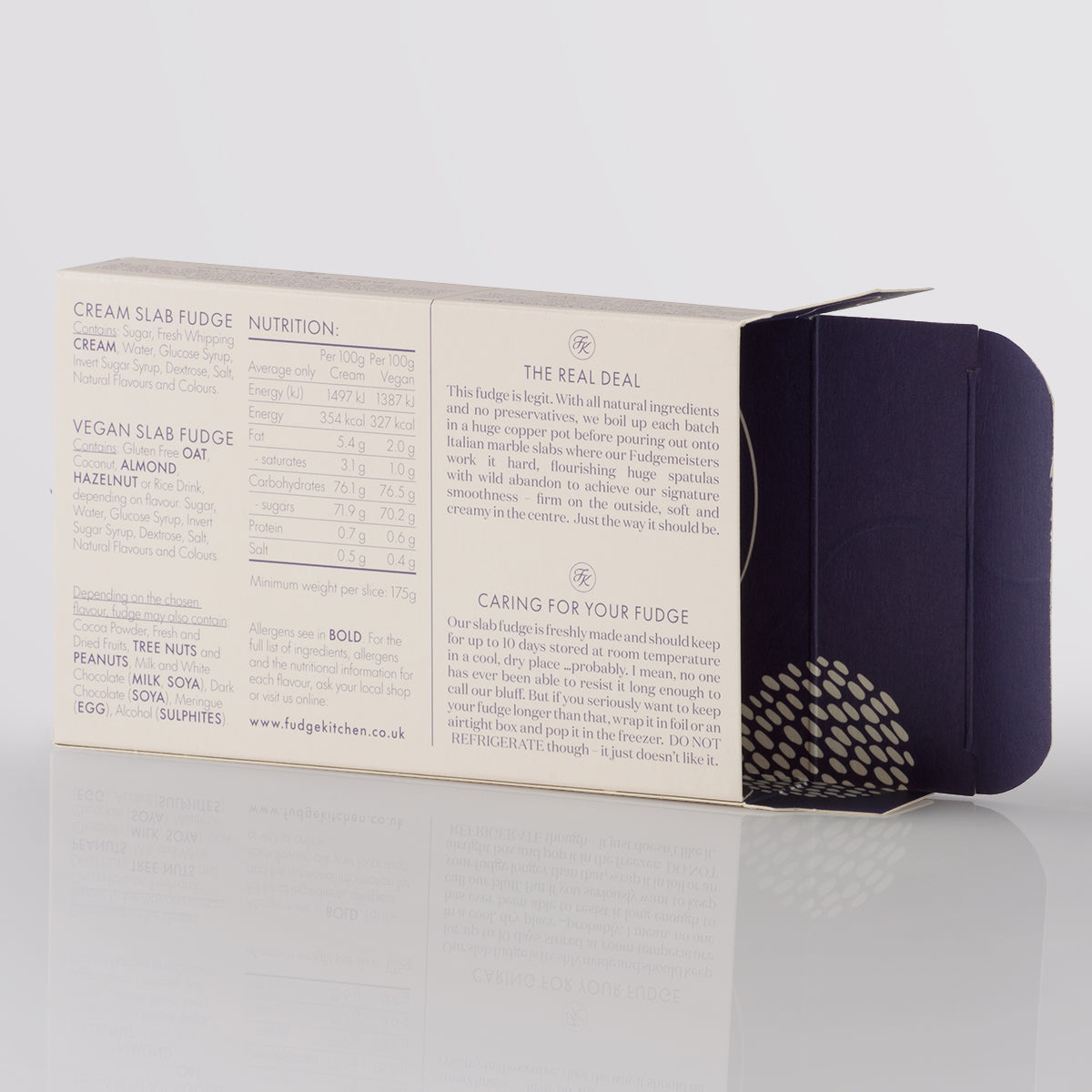 Fudge Kitchen elegant gift box displaying front view for the single slice of handmade fudge flavour Apple Crumble Fudge