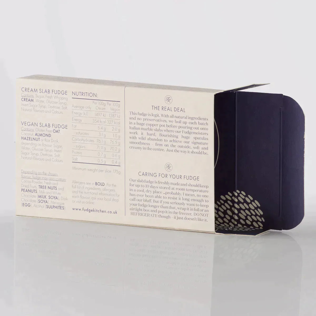 Fudge Kitchen elegant gift box displaying front view for the single slice of handmade fudge flavour Old English Fudge