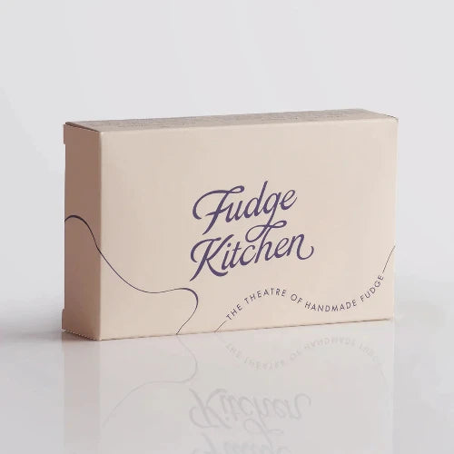 Fudge Kitchen elegant gift box displaying back view for the indulgent, handmade fudge flavour Sea Salted Caramel Fudge