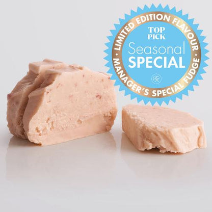 Strawberries & Cream Fudge single slice, a Fudge Kitchen indulgent, handmade fresh fudge flavour.