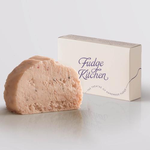 Strawberry & Black Pepper Fudge  single slice, a Fudge Kitchen indulgent, handmade fudge flavour displayed with an elegant gift box.