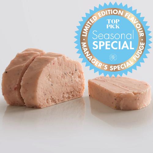 Strawberry & Black Pepper Fudge single slice, a Fudge Kitchen indulgent, handmade fresh fudge flavour.