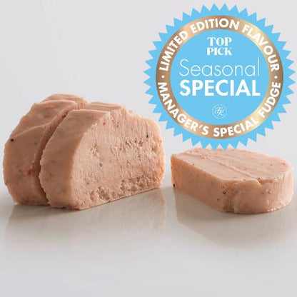 Strawberry & Black Pepper Fudge single slice, a Fudge Kitchen indulgent, handmade fresh fudge flavour.