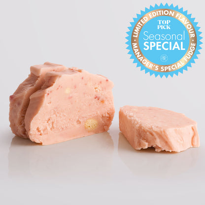 Strawberry Cheesecake Fudge single slice, a Fudge Kitchen indulgent, handmade fresh fudge flavour.