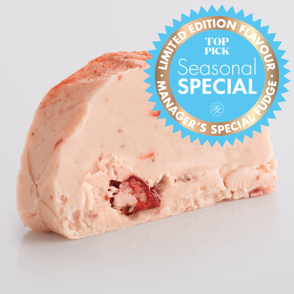 Strawberry & Rose Fudge, a Fudge Kitchen indulgent, handmade fudge flavour displayed with a 